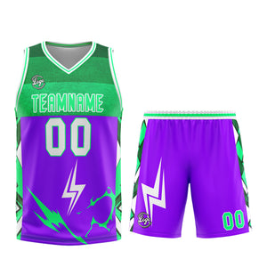 Uniforme de baloncesto personalizado en color morado y verde con tu logotipo-nombre y número impresos