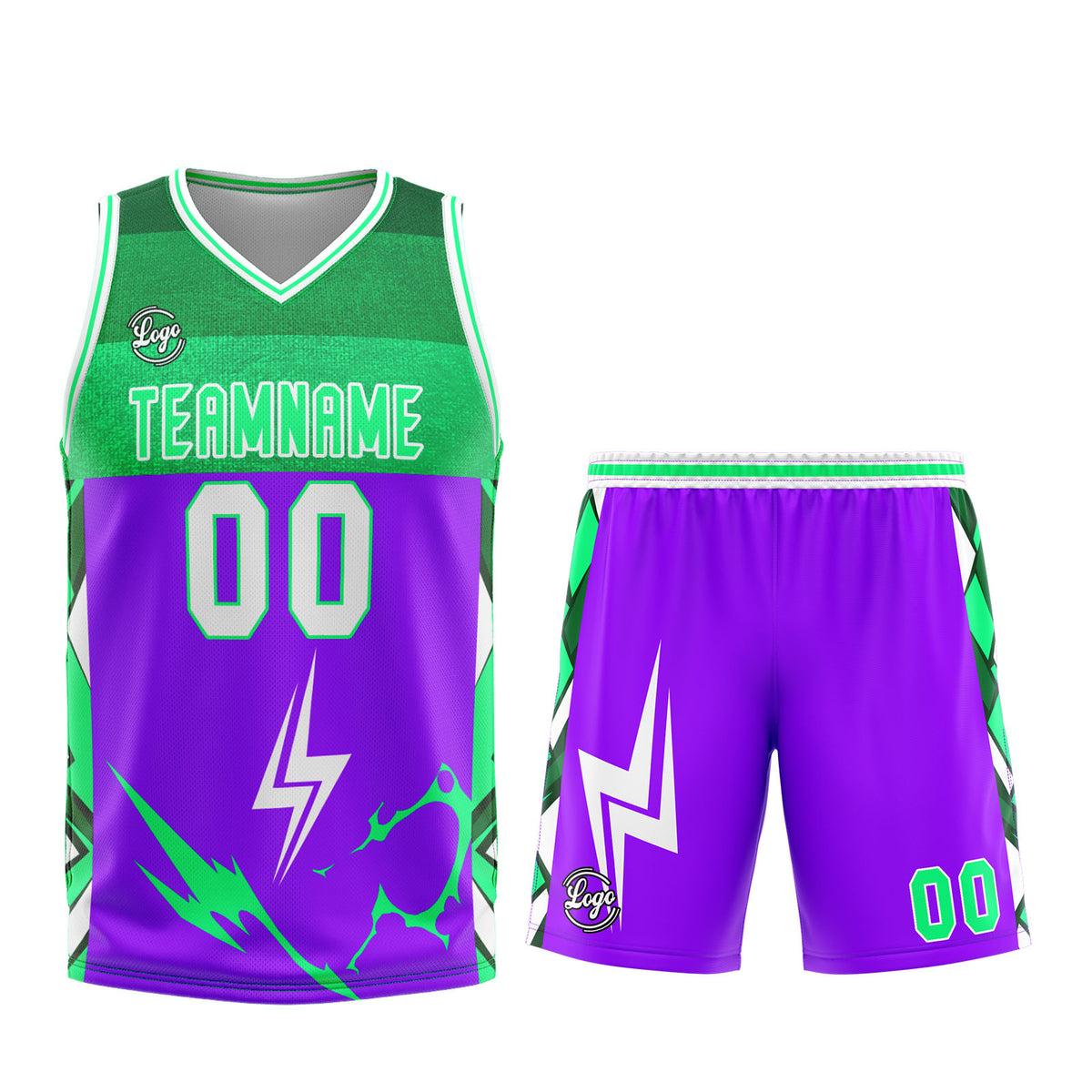 Uniforme de baloncesto personalizado en color morado y verde con tu logotipo-nombre y número impresos