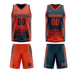 Traje de baloncesto reversible azul marino y naranja personalizado para adultos y niños