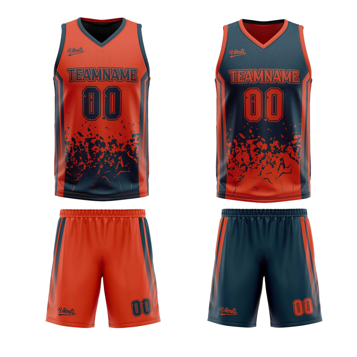 Traje de baloncesto reversible azul marino y naranja personalizado para adultos y niños