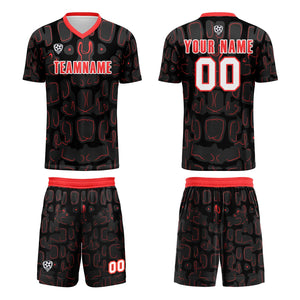 Conjunto personalizado de camiseta de fútbol negra y roja para niños y adultos