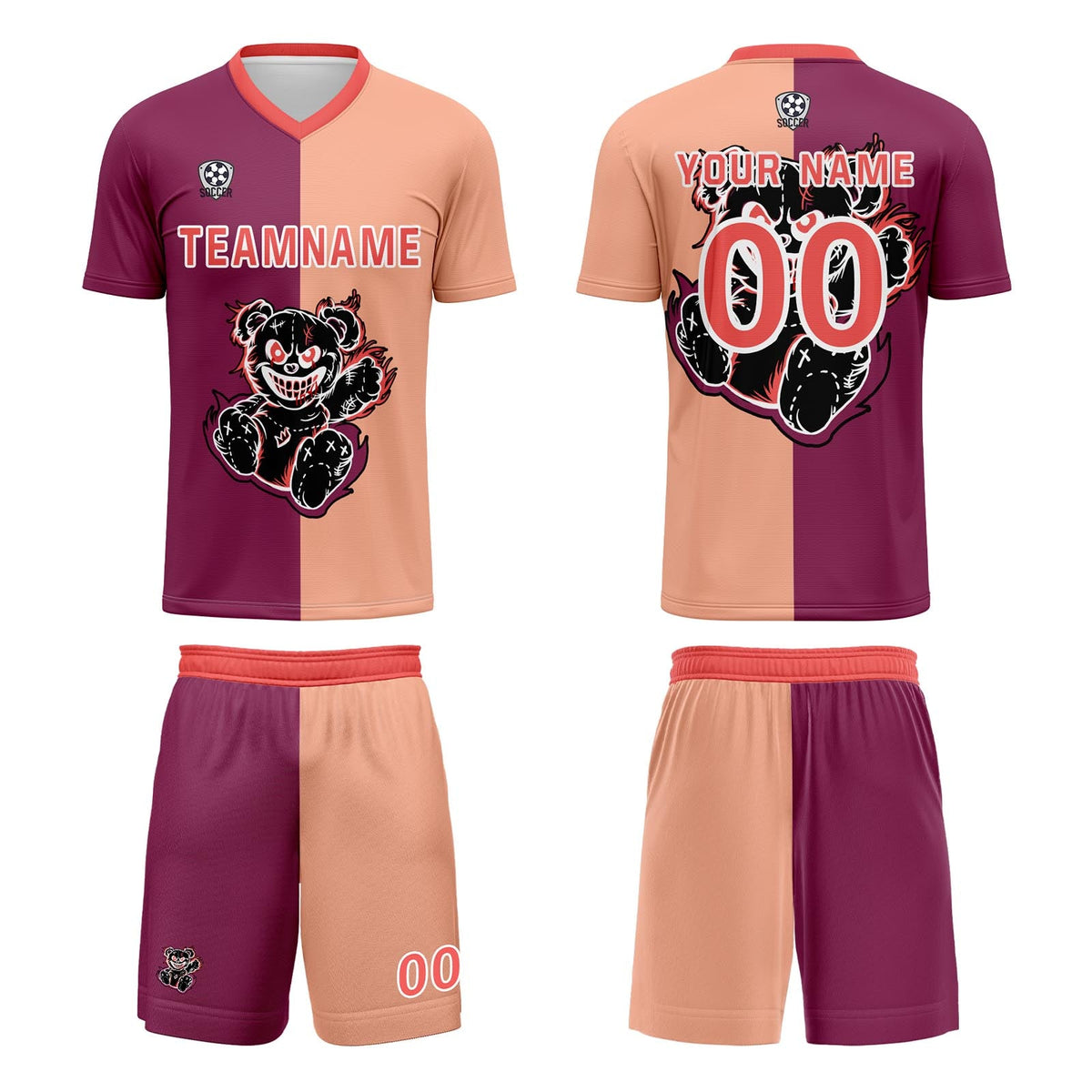 Conjunto personalizado de camiseta de fútbol fucsia y marrón claro para niños y adultos