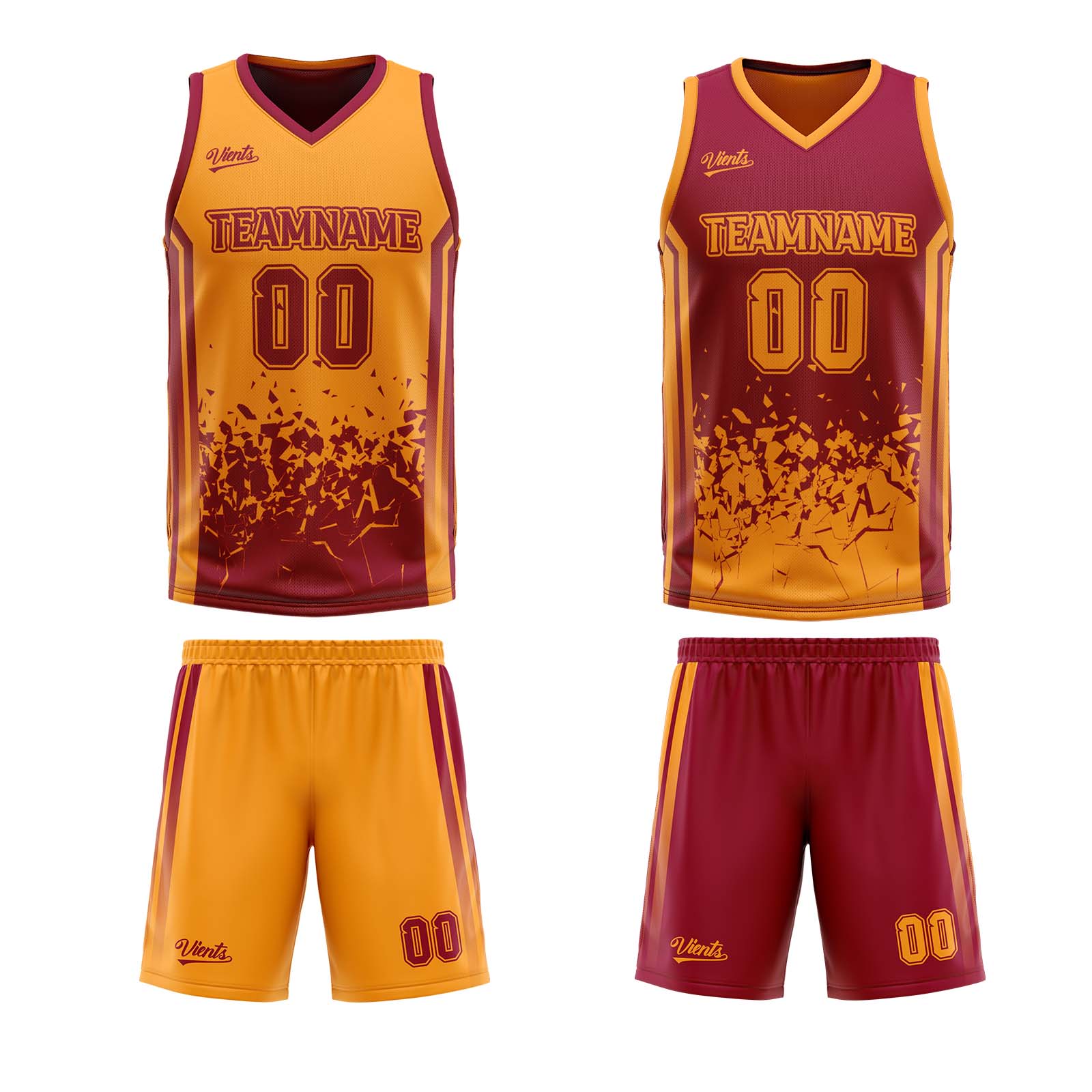 Traje de baloncesto reversible personalizado color burdeos y naranja para adultos y niños