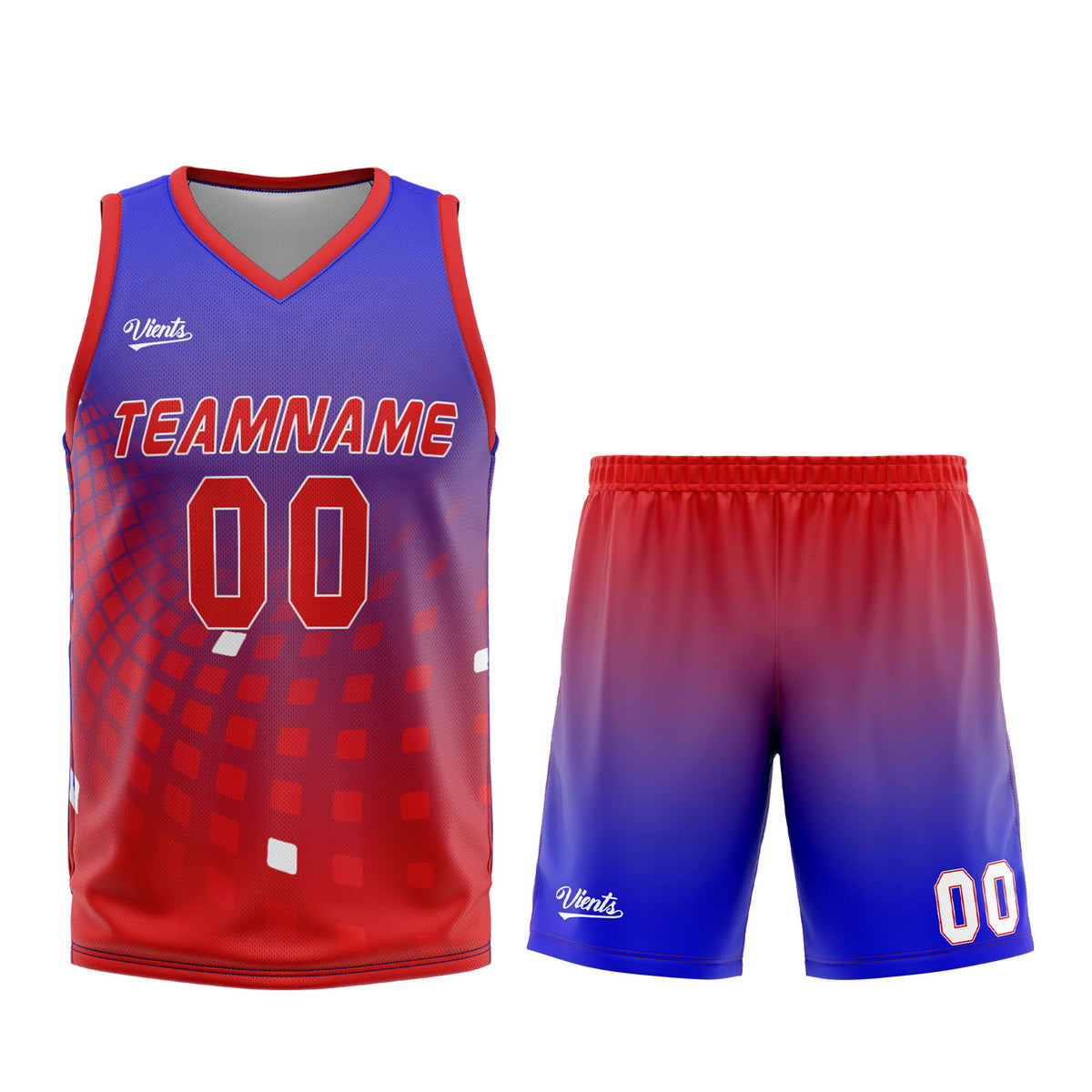 Uniforme de baloncesto personalizado azul y rojo con tu logotipo-nombre y número impresos
