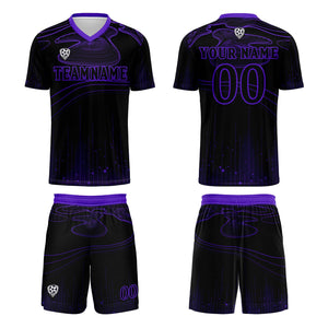 Conjunto personalizado de camiseta de fútbol negra y morada para niños y adultos