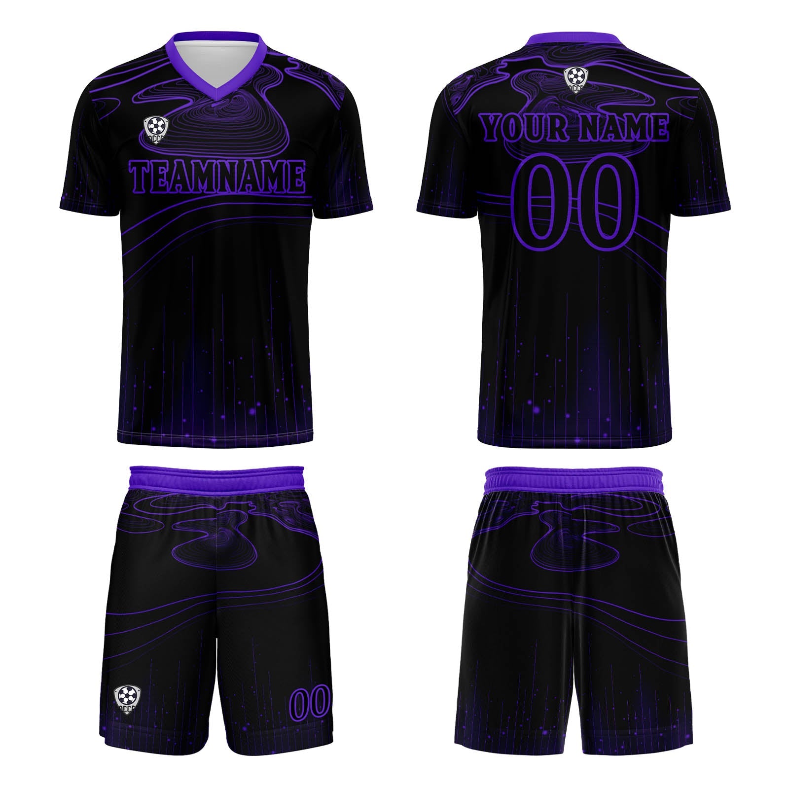 Conjunto personalizado de camiseta de fútbol negra y morada para niños y adultos