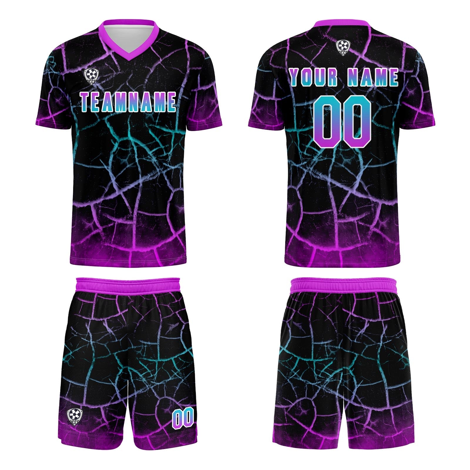 Conjunto personalizado de camiseta de fútbol negra y morada para niños y adultos