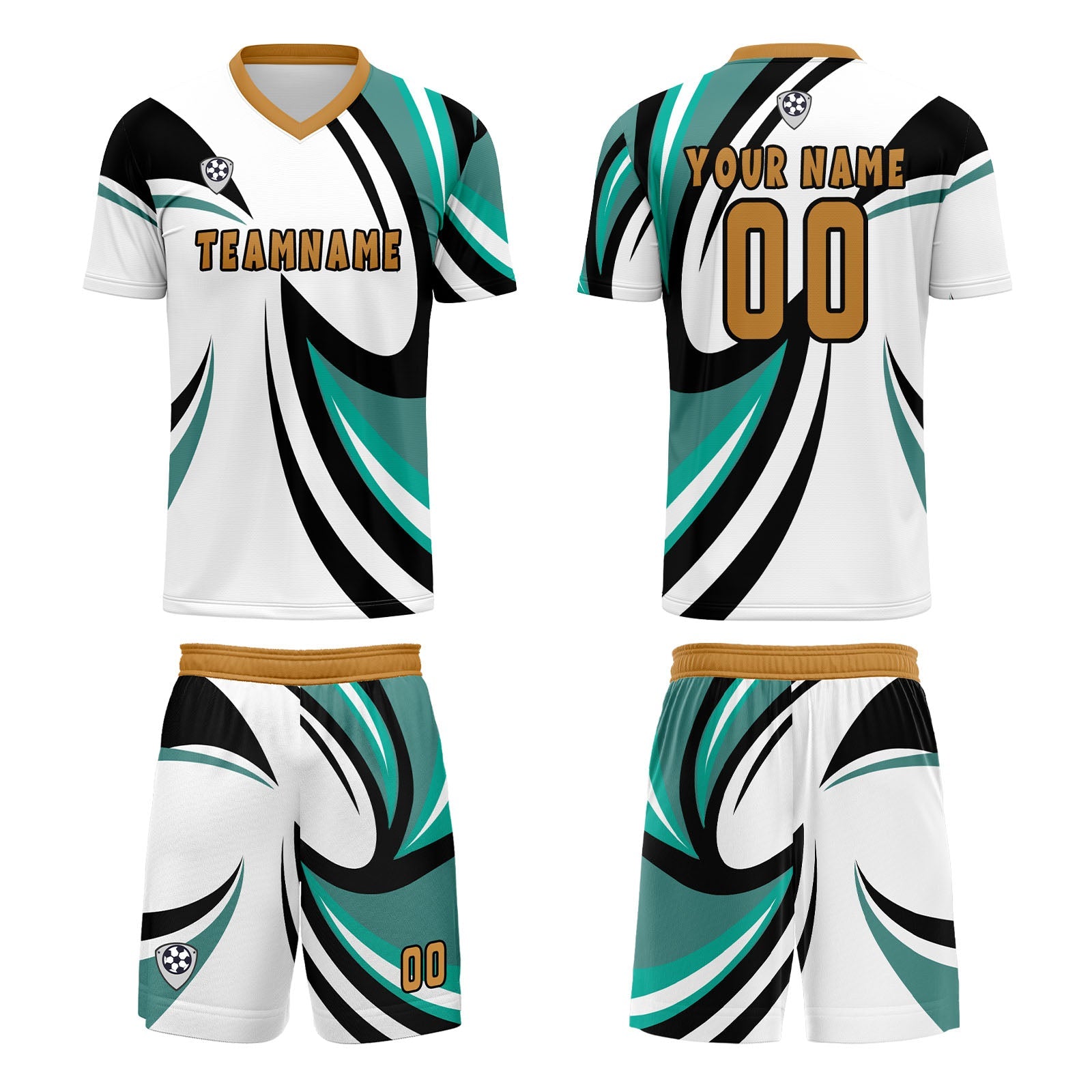 Conjunto personalizado de camiseta de uniforme blanca y turquesa para niños y adultos