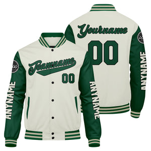 Chaquetas universitarias personalizadas de color verde crema para hombres & mujeres y jóvenes & Chaquetas Letterman personalizadas