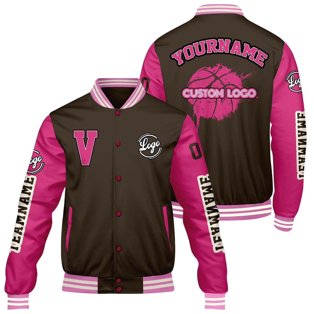 Chaquetas universitarias personalizadas en color marrón y rosa para hombres & mujeres y jóvenes & Chaquetas estilo Letterman personalizadas