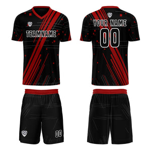 Conjunto personalizado de camiseta de uniforme negra y roja para niños y adultos