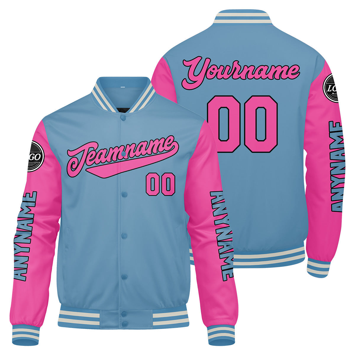 Chaquetas universitarias personalizadas en azul claro y rosa para hombres & mujeres y jóvenes & Chaquetas tipo Letterman personalizadas