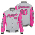 Chaquetas universitarias personalizadas en gris y rosa para hombres & mujeres y jóvenes & Chaquetas estilo Letterman personalizadas