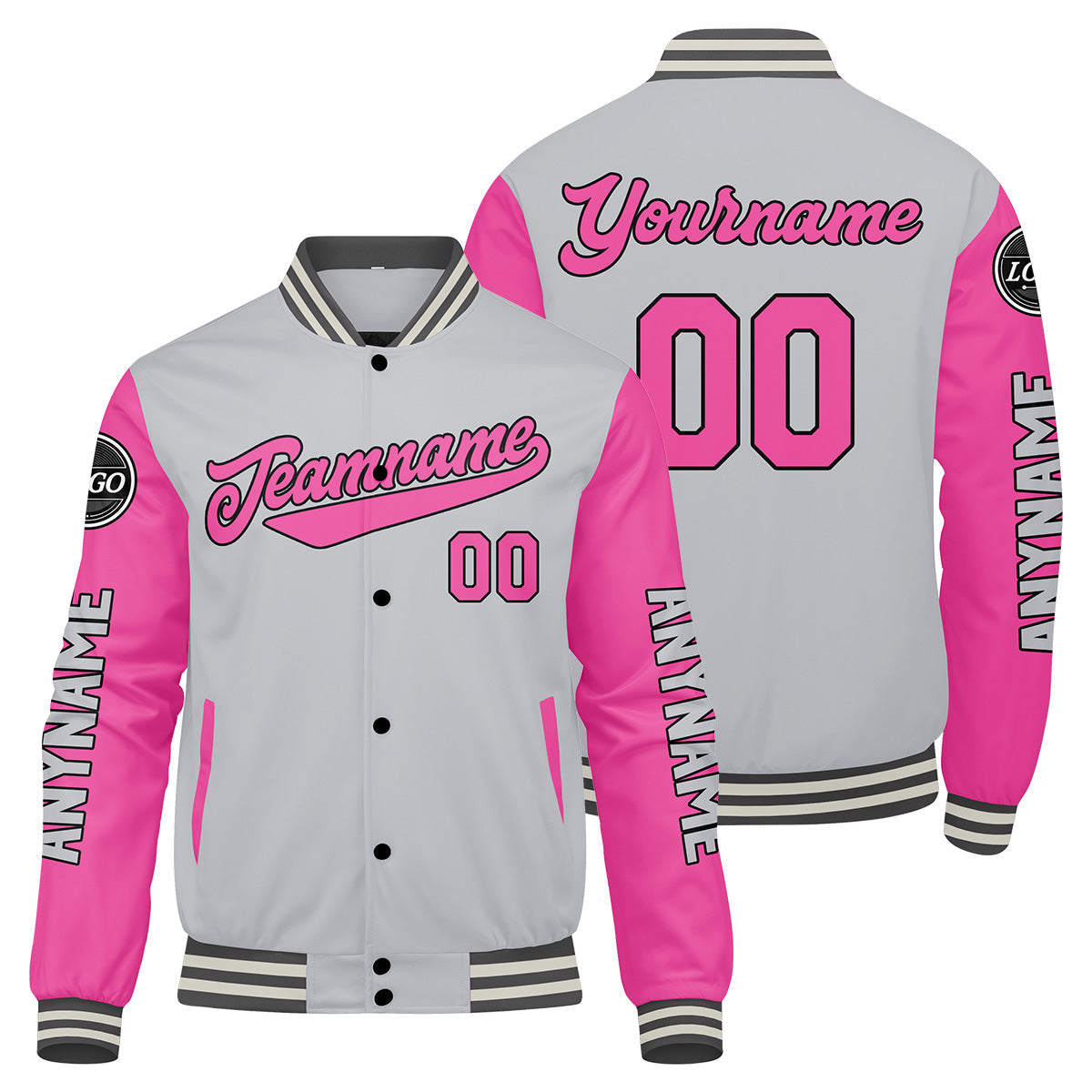Chaquetas universitarias personalizadas en gris y rosa para hombres & mujeres y jóvenes & Chaquetas estilo Letterman personalizadas