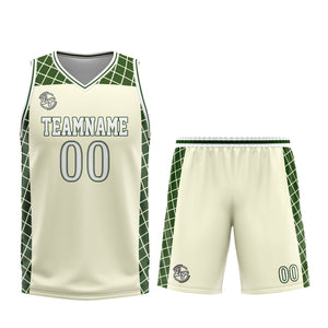 Uniforme de baloncesto personalizado color crema y verde con tu logotipo-nombre y número impresos