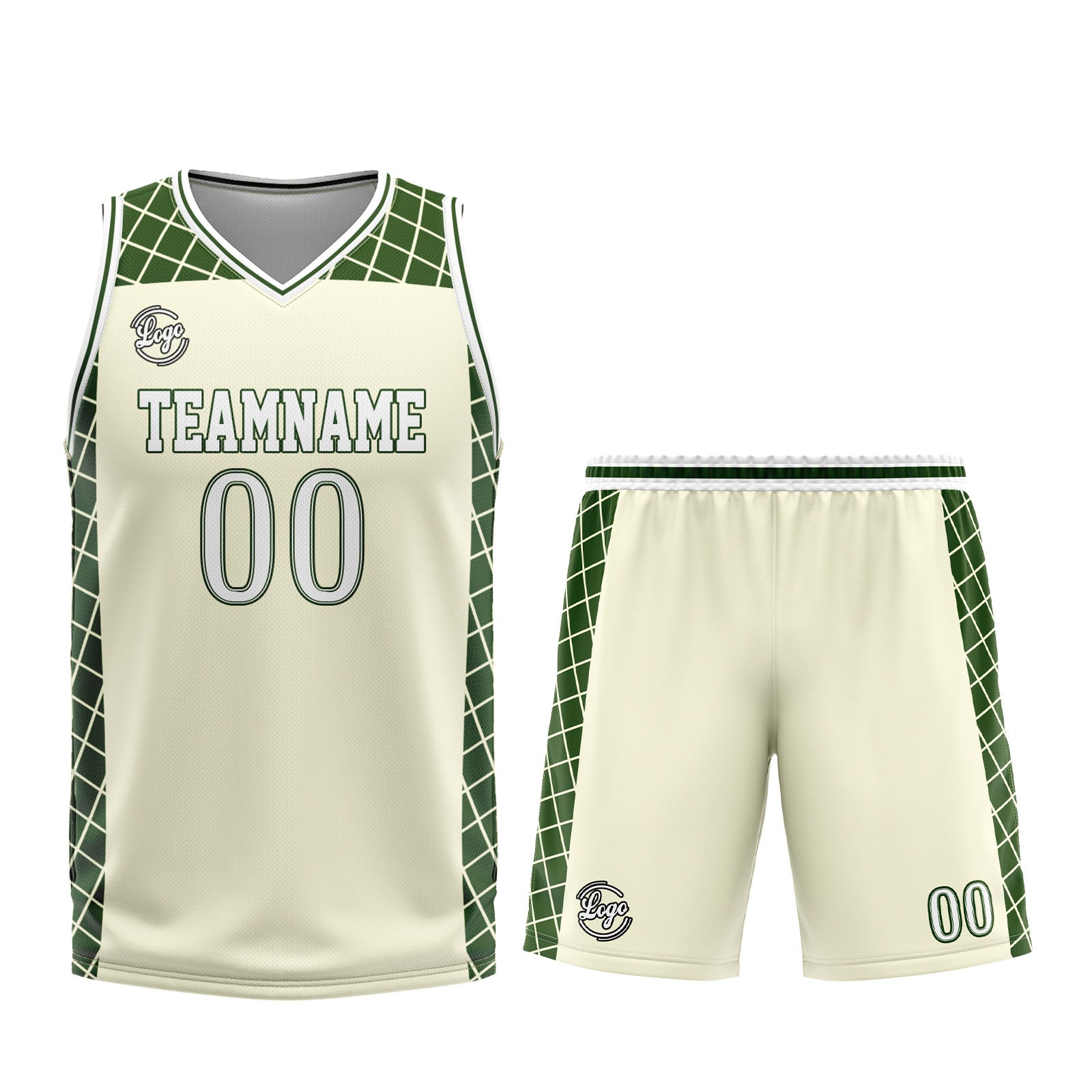 Uniforme de baloncesto personalizado color crema y verde con tu logotipo-nombre y número impresos