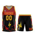 Uniforme de baloncesto personalizado en negro-rojo y amarillo con tu logotipo-nombre y número impresos