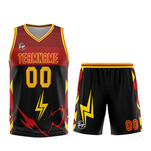 Uniforme de baloncesto personalizado en negro-rojo y amarillo con tu logotipo-nombre y número impresos