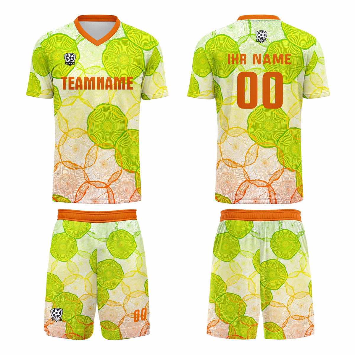 Conjunto personalizado de camiseta de uniforme verde y naranja para niños y adultos