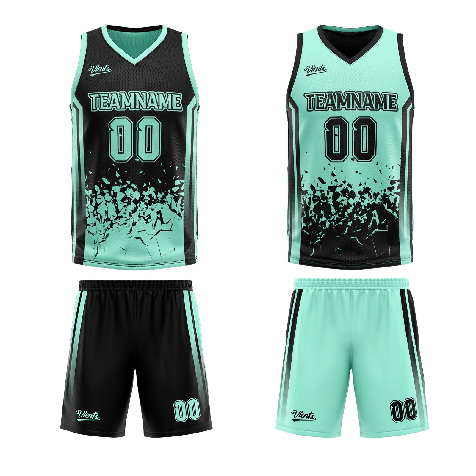 Traje de baloncesto reversible negro y verde claro personalizado para adultos y niños