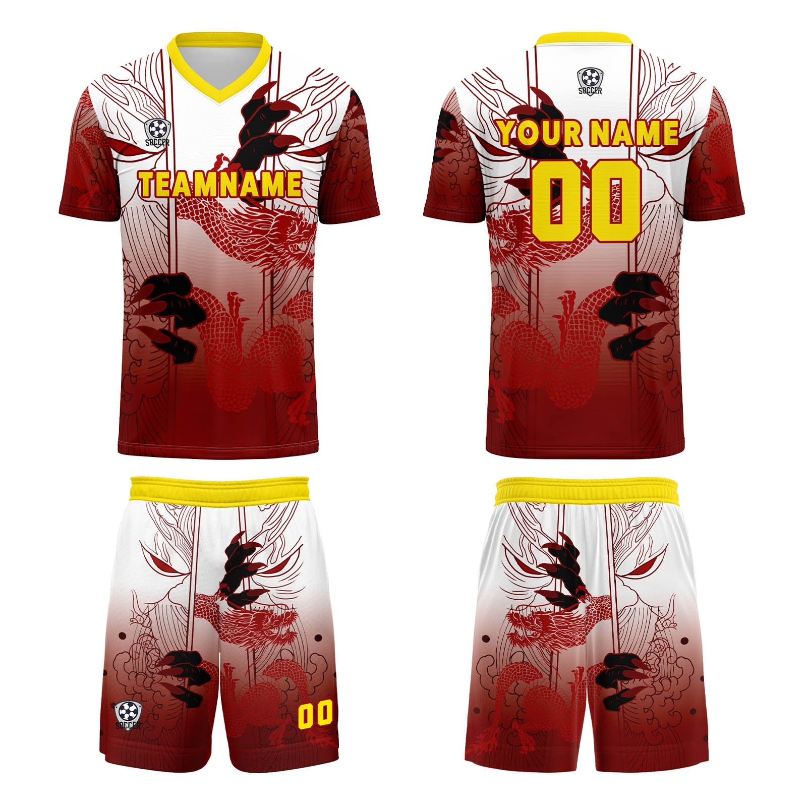 Conjunto personalizado de camiseta de uniforme rojo y amarillo para niños y adultos