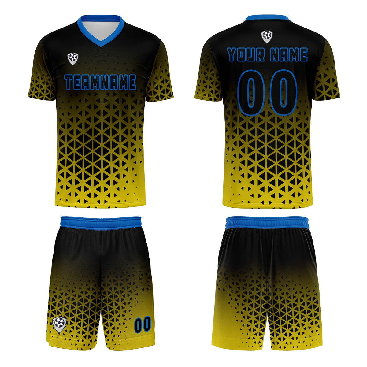 Conjunto personalizado de camiseta y uniforme amarillo y azul para niños y adultos