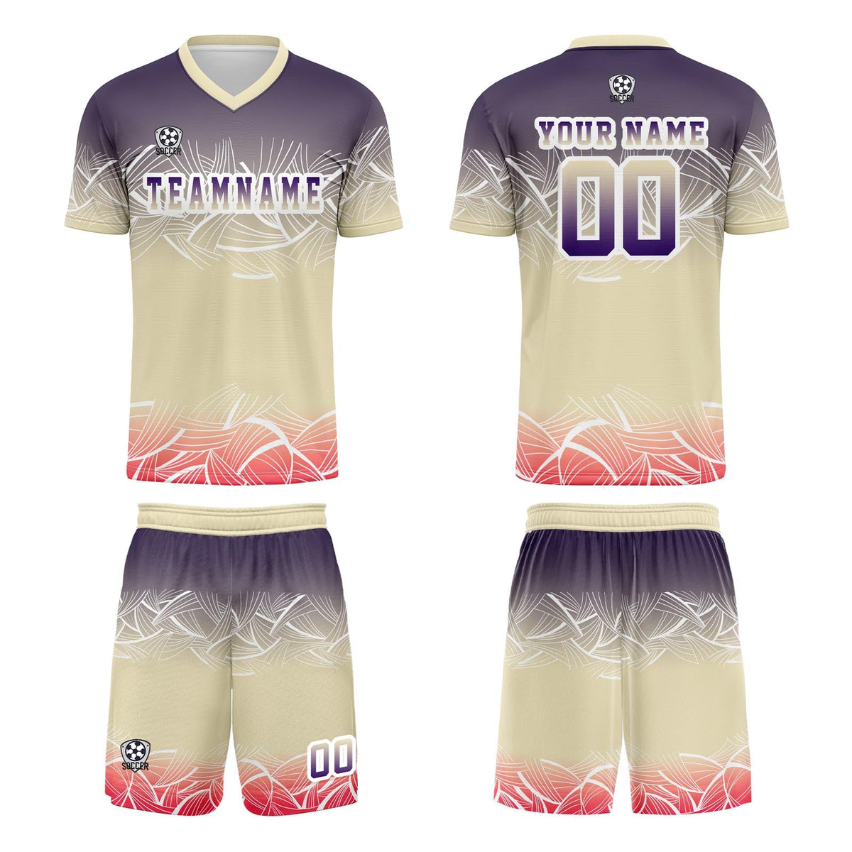 Conjunto personalizado de camiseta de fútbol beige y morado para niños y adultos