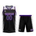 Uniforme de baloncesto personalizado en negro y morado con tu logotipo-nombre y número impresos