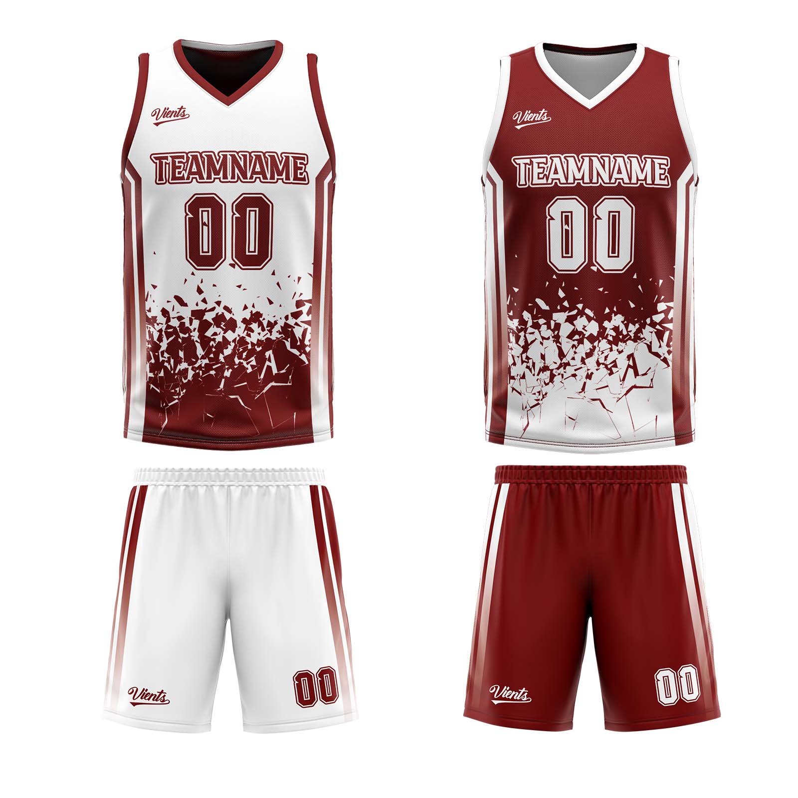 Traje de baloncesto reversible personalizado en color burdeos y blanco para adultos y niños