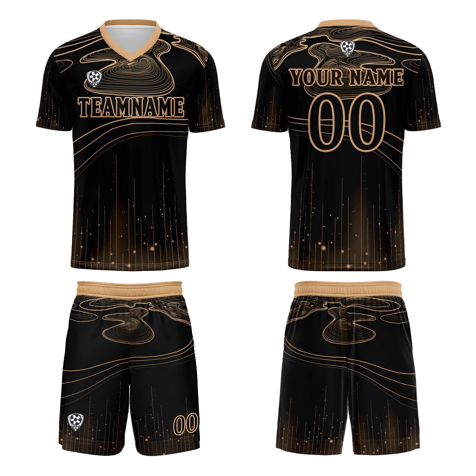 Conjunto personalizado de camiseta de fútbol negra y marrón claro para niños y adultos