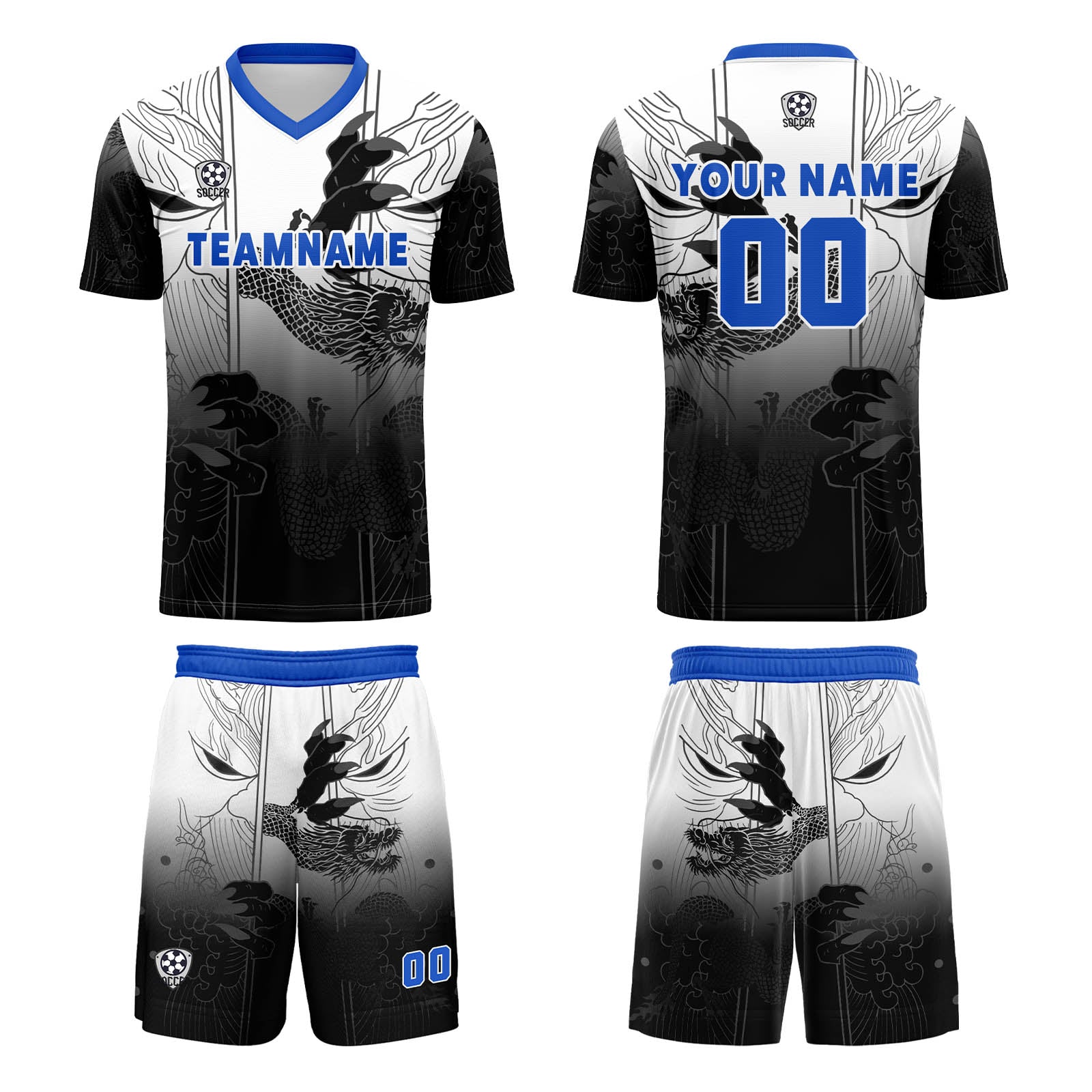 Conjunto personalizado de camiseta de uniforme negra y azul para niños y adultos