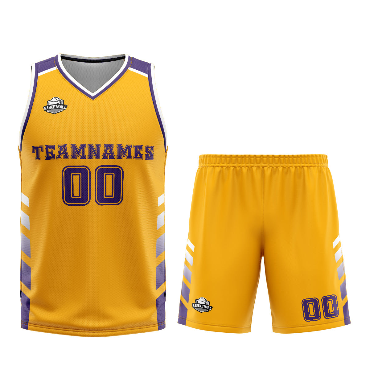 Uniforme de baloncesto personalizado amarillo y morado con tu logotipo-nombre y número impresos