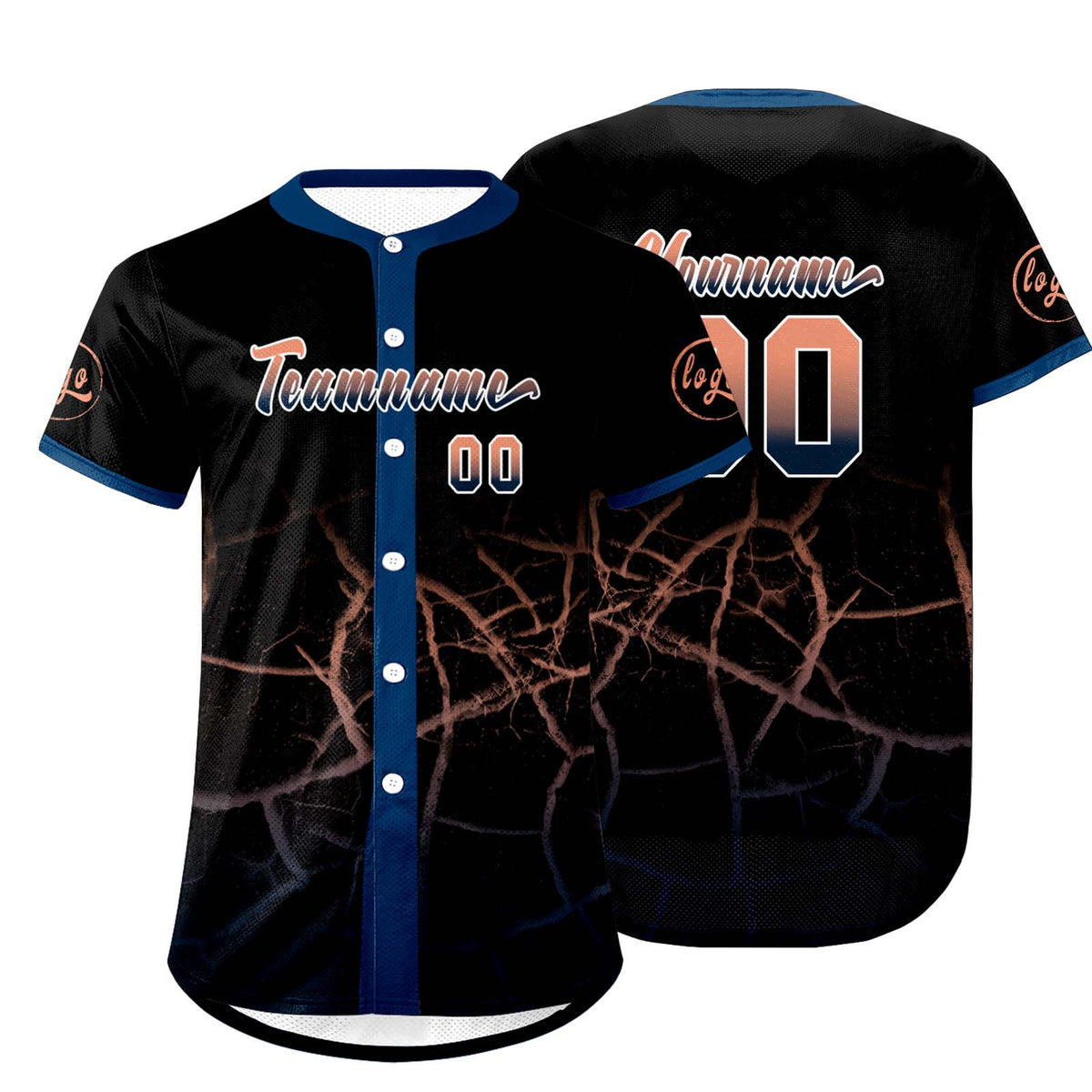 Camiseta de béisbol personalizada negra azul marino y naranja claro con degradado uniformes de equipo personalizados con nombre y número