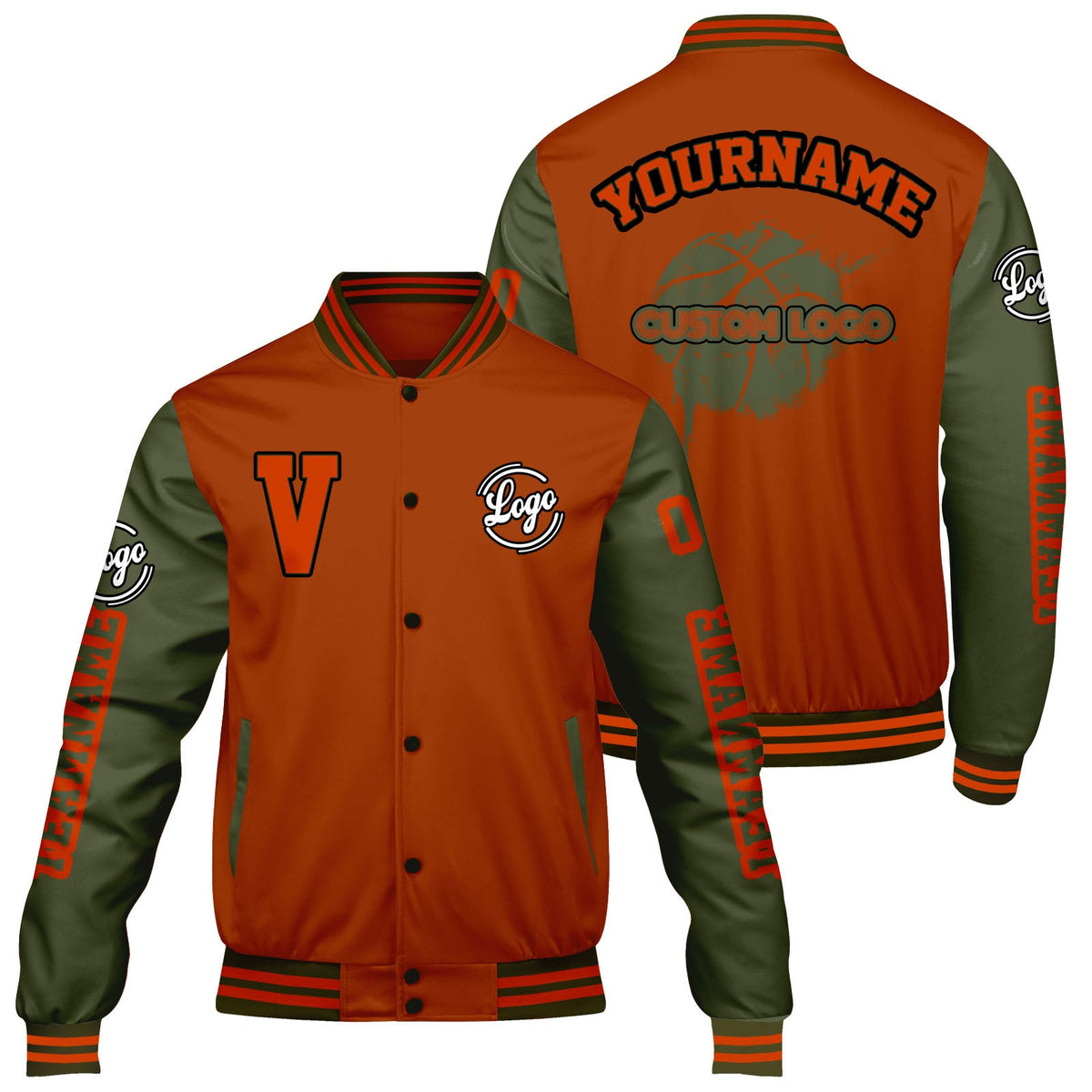Chaquetas universitarias personalizadas en color naranja mate y verde oliva para hombres & mujeres y jóvenes & Chaquetas Letterman personalizadas