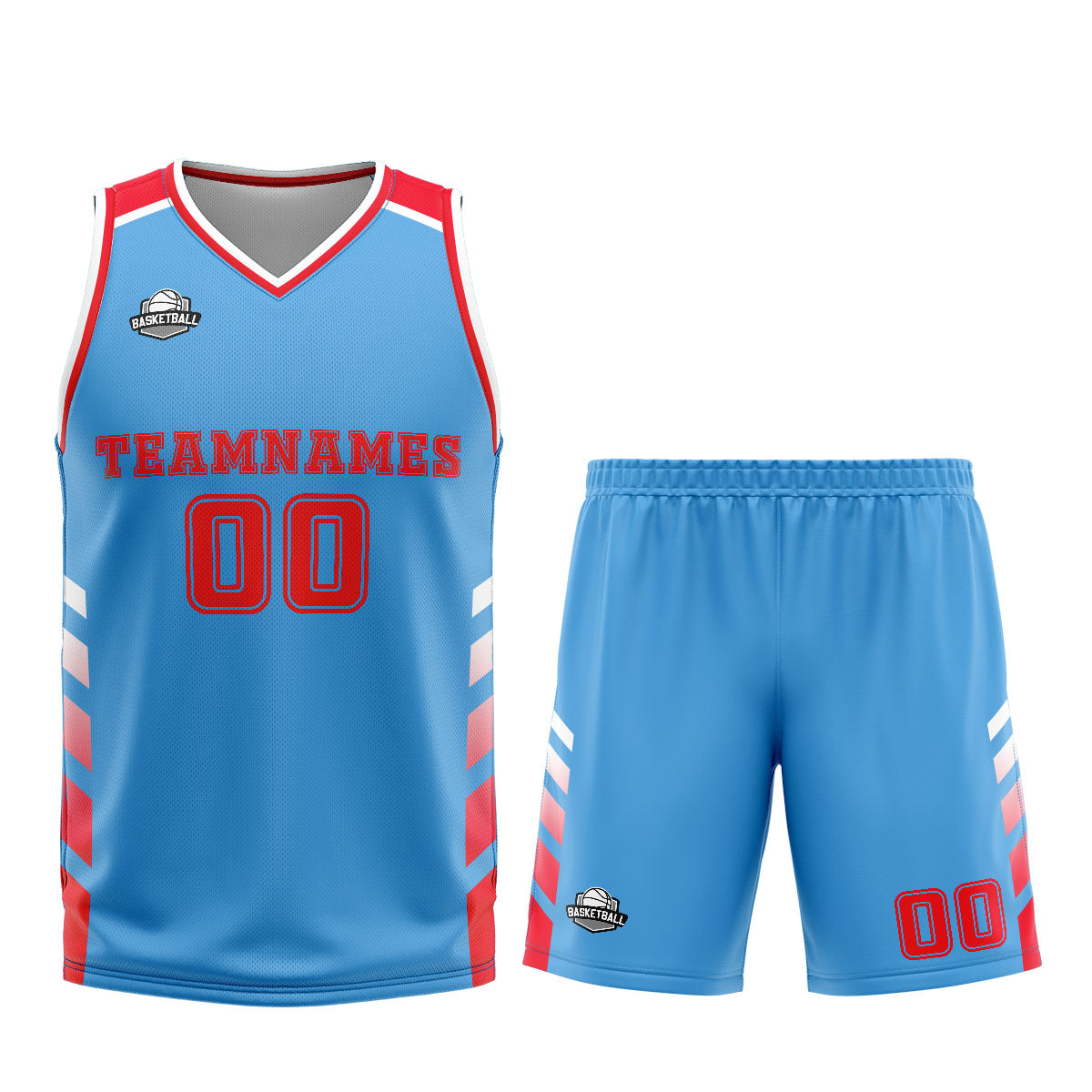 Uniforme de baloncesto personalizado azul y rojo con tu logotipo-nombre y número impresos