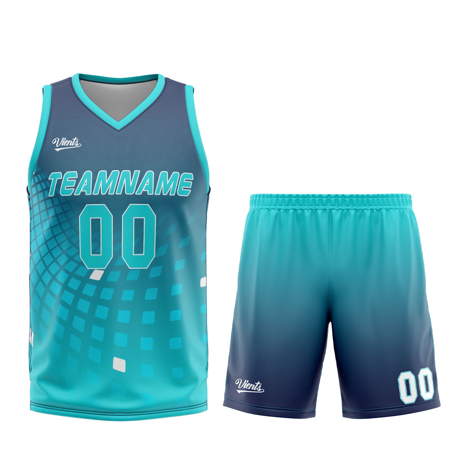 Uniforme de baloncesto personalizado azul marino y cian con su logotipo-nombre y número impresos