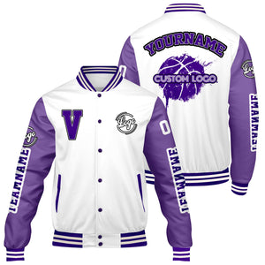 Chaquetas universitarias blancas y moradas personalizadas para hombres & mujeres y jóvenes & Chaquetas Letterman personalizadas