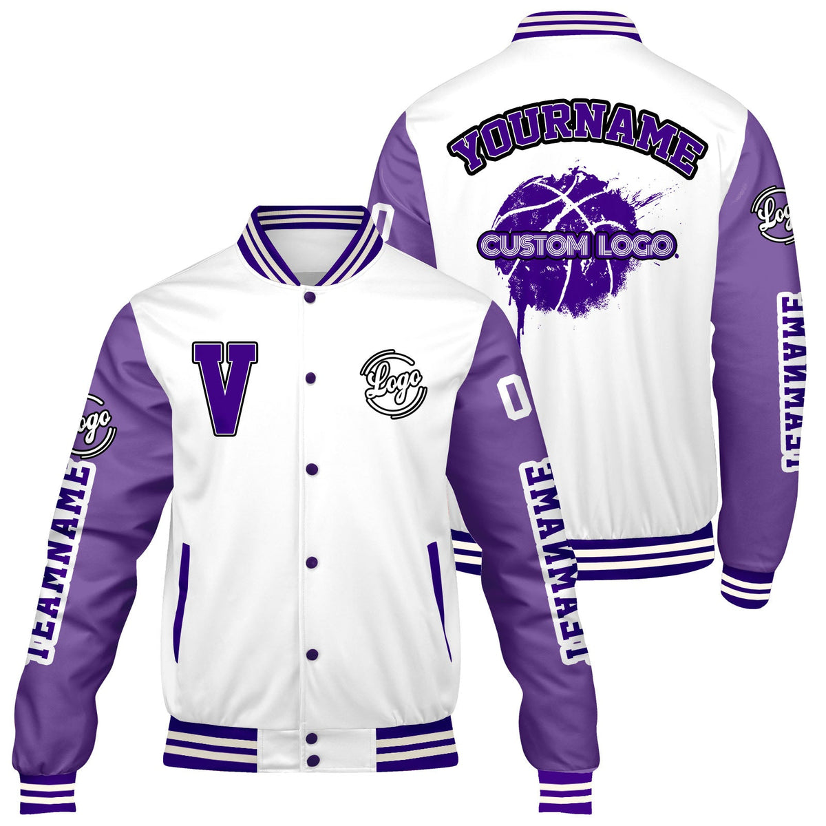 Chaquetas universitarias blancas y moradas personalizadas para hombres & mujeres y jóvenes & Chaquetas Letterman personalizadas