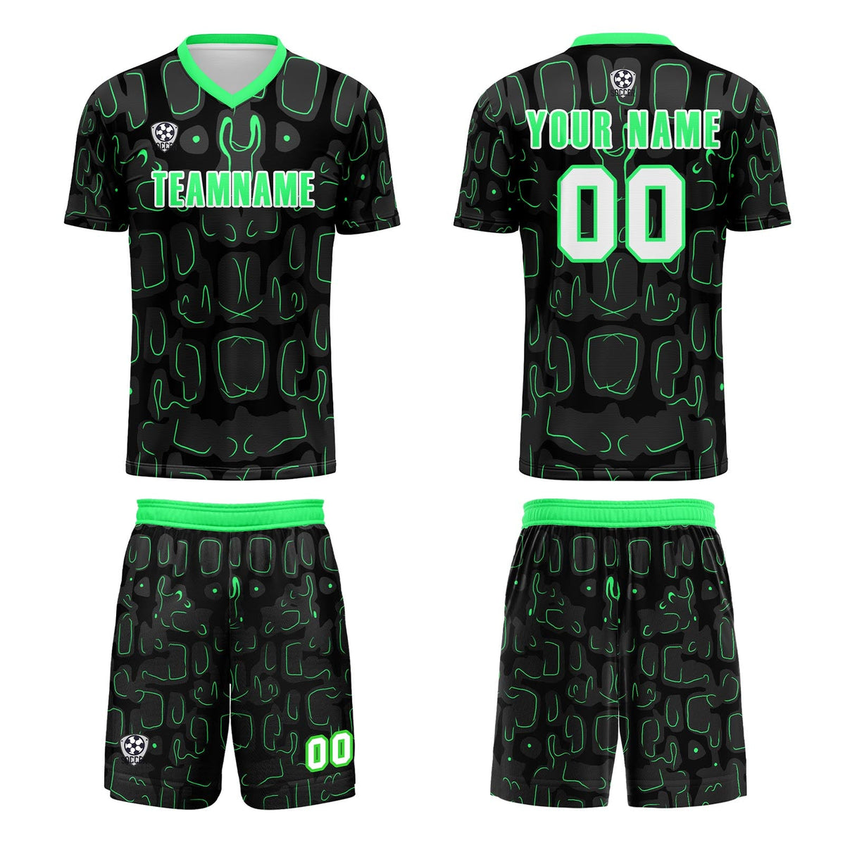 Conjunto personalizado de camiseta de fútbol negra y verde para niños y adultos
