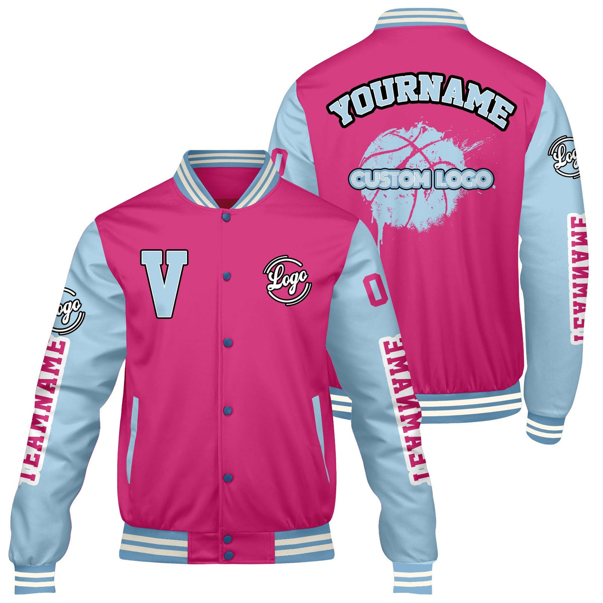 Chaquetas universitarias personalizadas Pink Lion Blue para hombres & mujeres y jóvenes & Chaquetas Letterman personalizadas