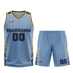 Uniforme de baloncesto personalizado azul y amarillo con tu logotipo-nombre y número impresos