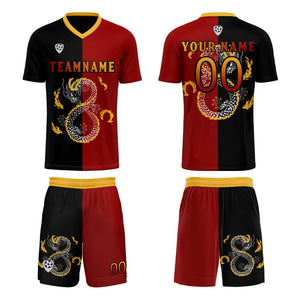 Conjunto personalizado de camiseta de uniforme rojo y negro para niños y adultos