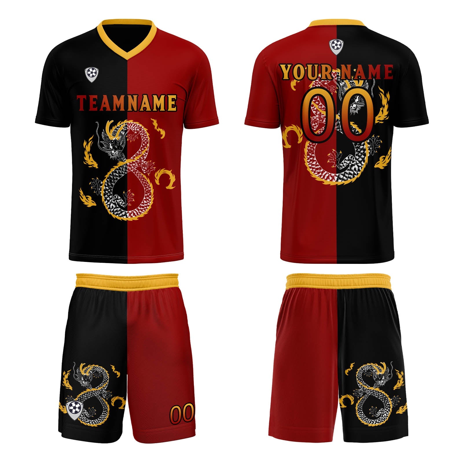 Conjunto personalizado de camiseta de uniforme rojo y negro para niños y adultos