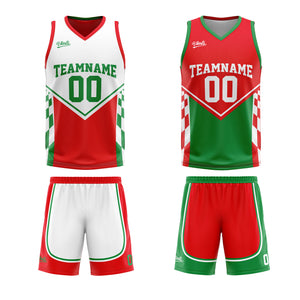 Traje de baloncesto reversible rojo y verde personalizado para adultos y niños