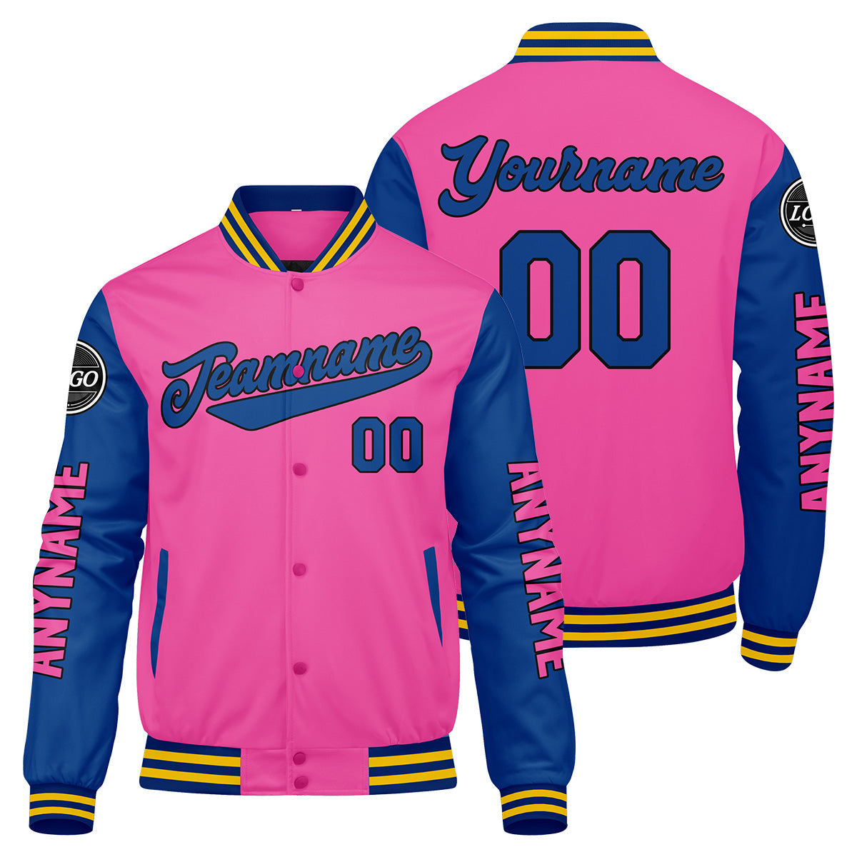 Chaquetas universitarias personalizadas en color rosa & azul marino y amarillo para hombres & mujeres y jóvenes & Chaquetas tipo Letterman personalizadas