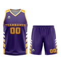 Uniforme de baloncesto personalizado en color morado y amarillo con tu logotipo-nombre y número impresos