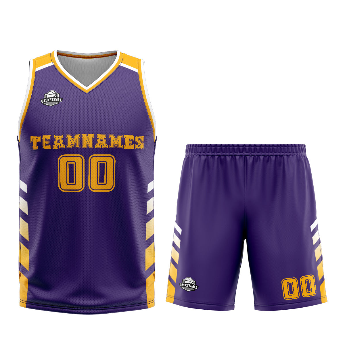 Uniforme de baloncesto personalizado en color morado y amarillo con tu logotipo-nombre y número impresos