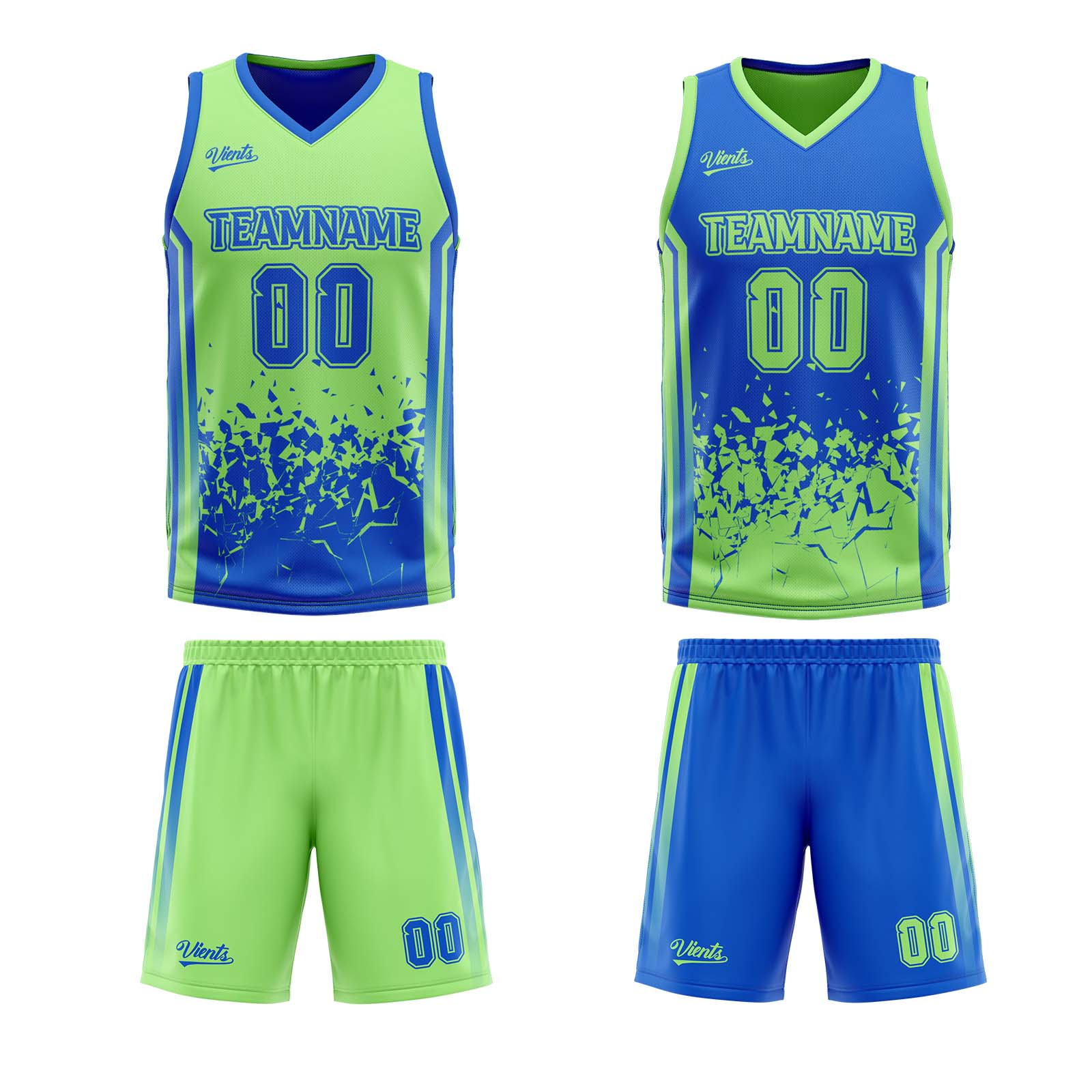 Traje de baloncesto reversible azul y verde personalizado para adultos y niños