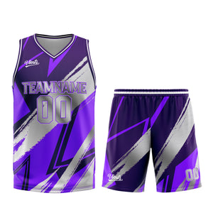 Uniforme de baloncesto personalizado en color gris púrpura con tu logotipo-nombre y número impresos