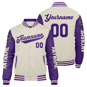 Chaquetas universitarias personalizadas color crema púrpura para hombres & mujeres y jóvenes & Chaquetas Letterman personalizadas